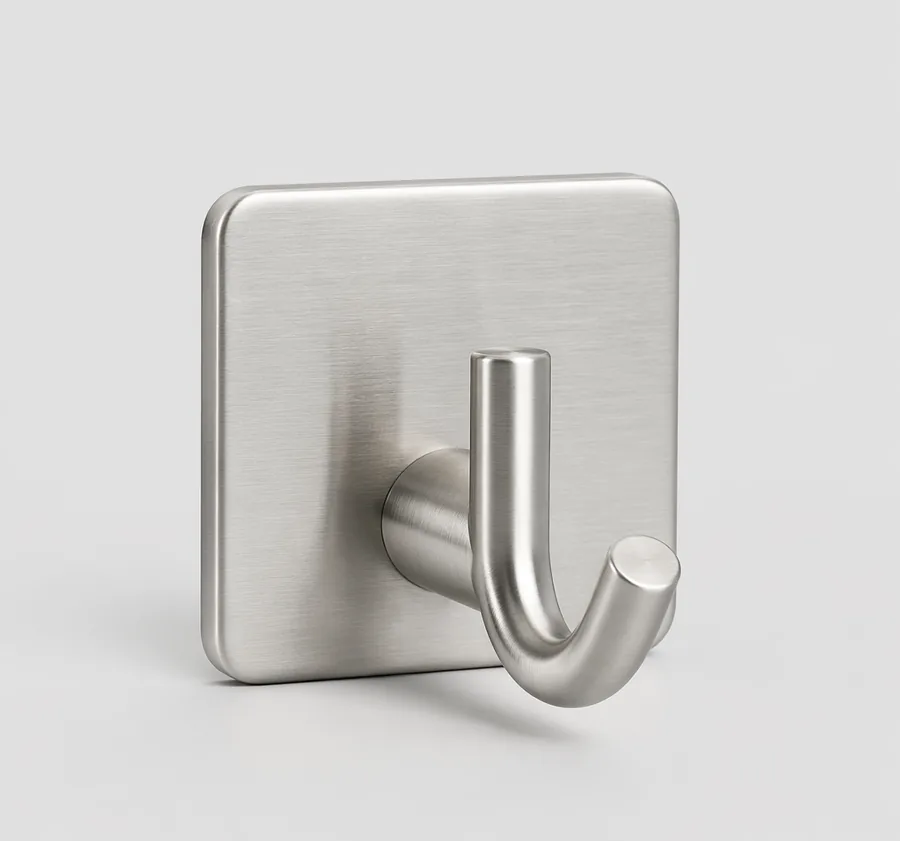 StickOn brushed stainless adhesive single hook, studio product photo
