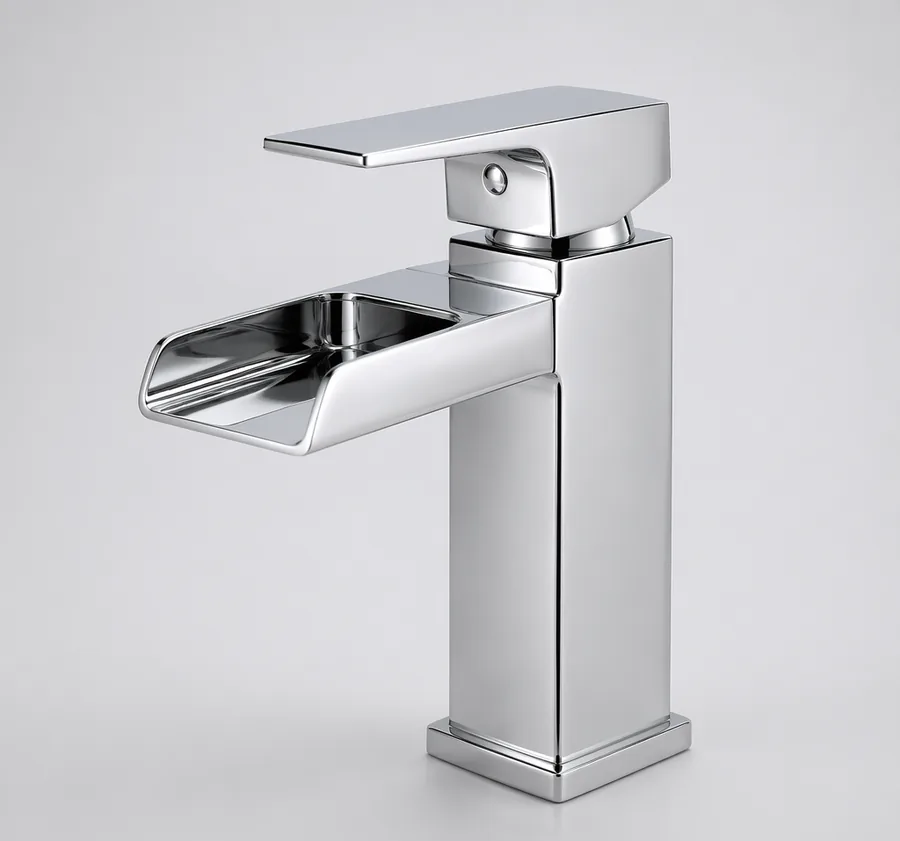 Cascade chrome waterfall basin faucet with open channel spout, studio product photo