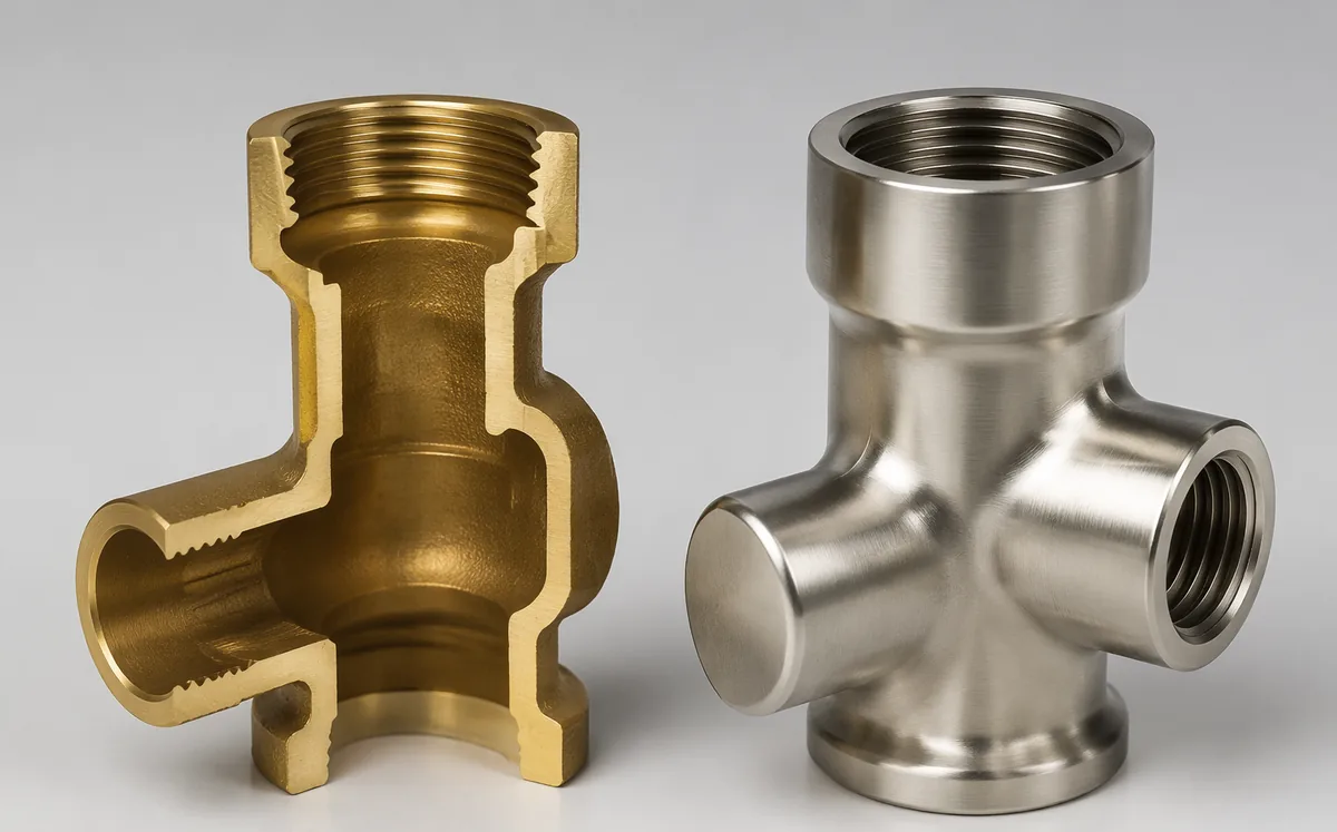 Solid brass faucet body cut section beside a stainless steel faucet body