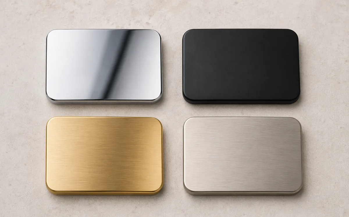 Faucet finish samples in chrome, matte black, brushed gold and brushed nickel