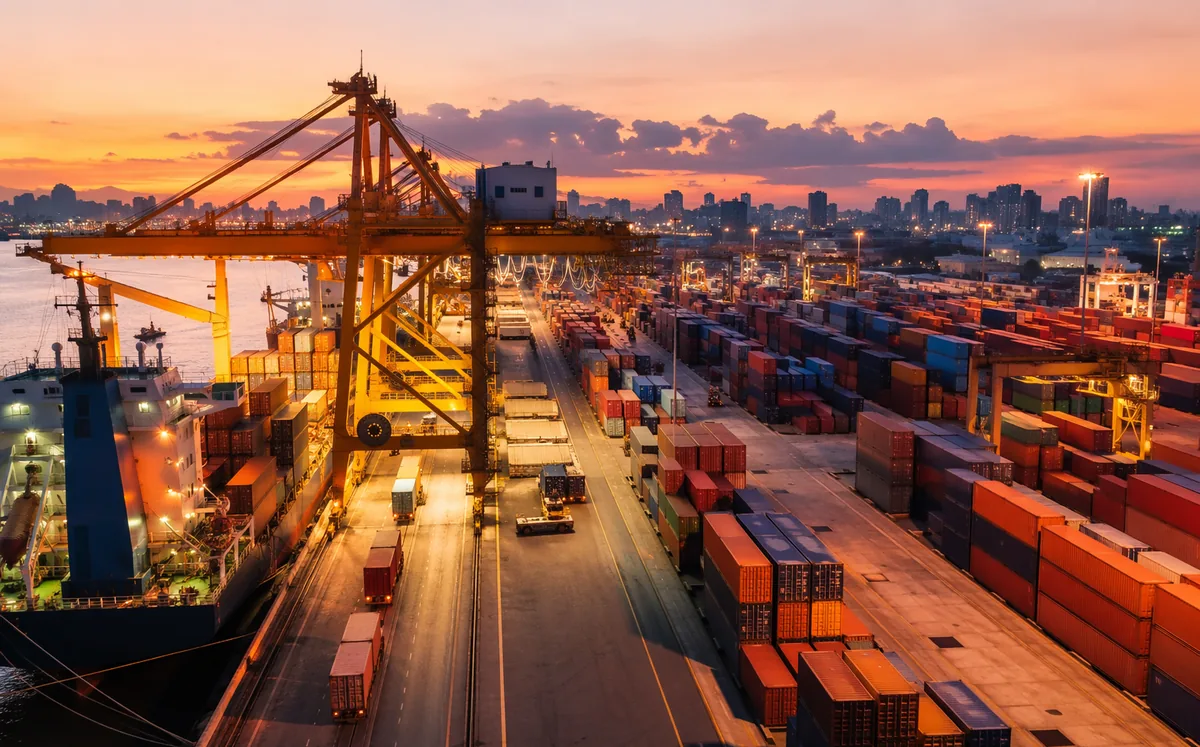 Container terminal with stacked shipping containers at dusk