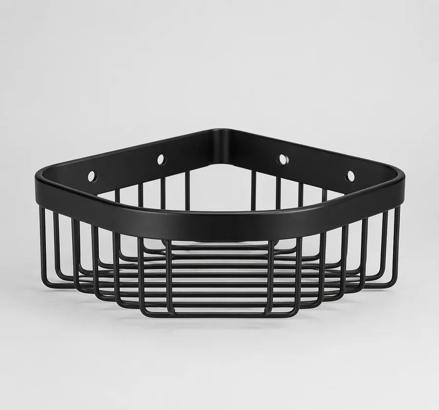 Matte black triangular corner shower basket in stainless steel wire