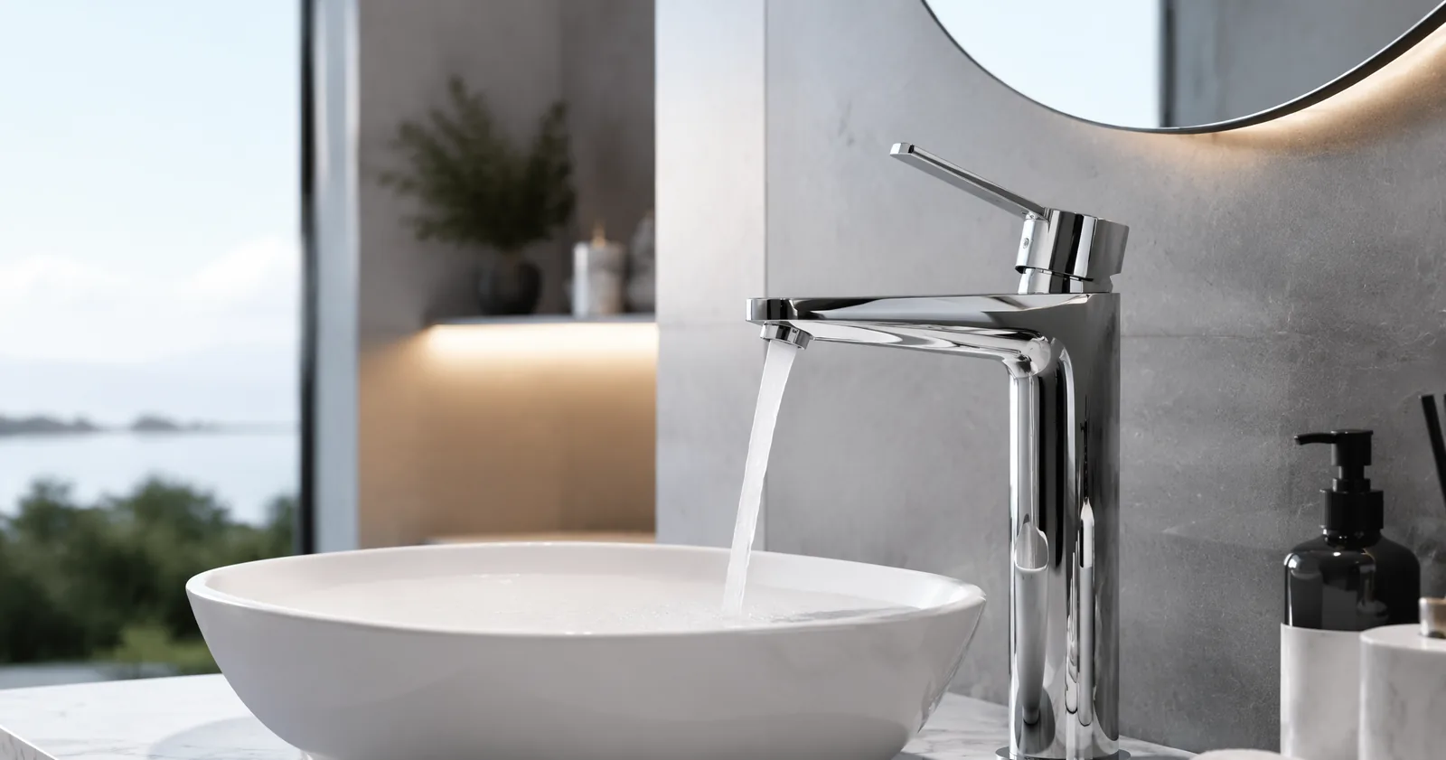 Chrome basin faucet with running water in a modern bright bathroom