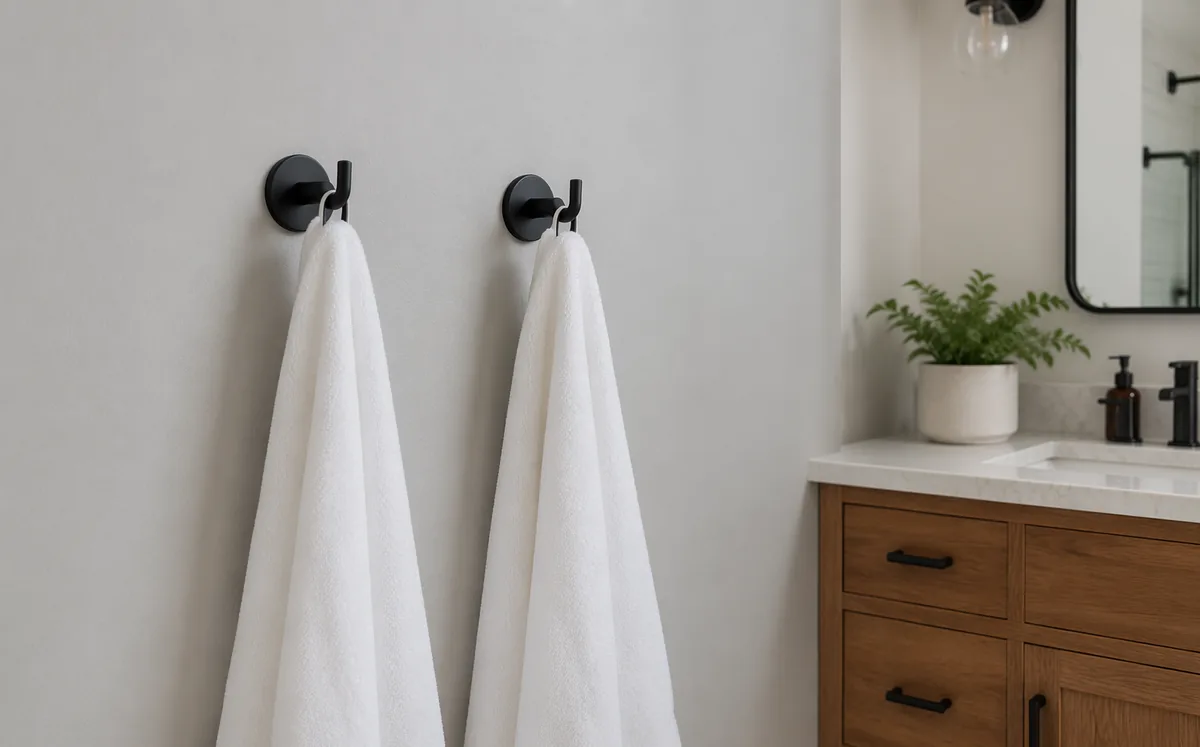 DuoRobe Double Robe Hook — detail and installation views