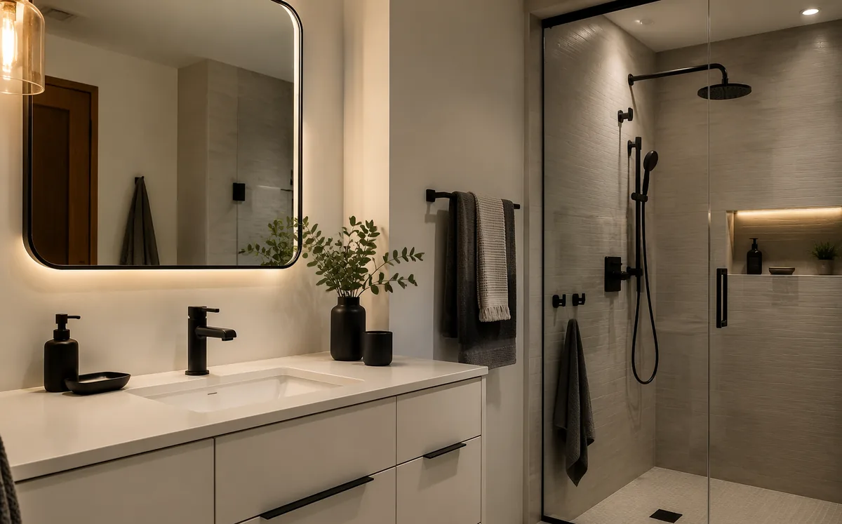 Modern bathroom with a coordinated matte black faucet, shower and hardware set