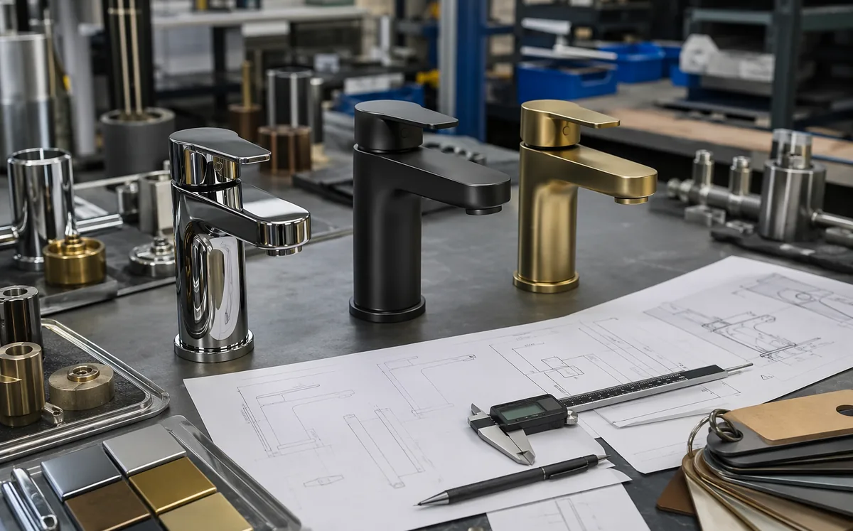 Faucet samples, drawings and finish swatches on an OEM development workbench
