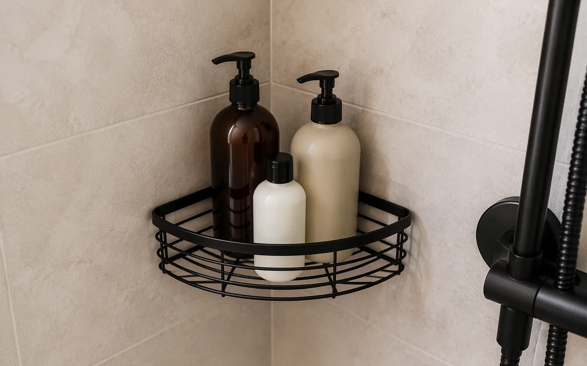 CornerCaddy Triangular Shower Basket — detail and installation views