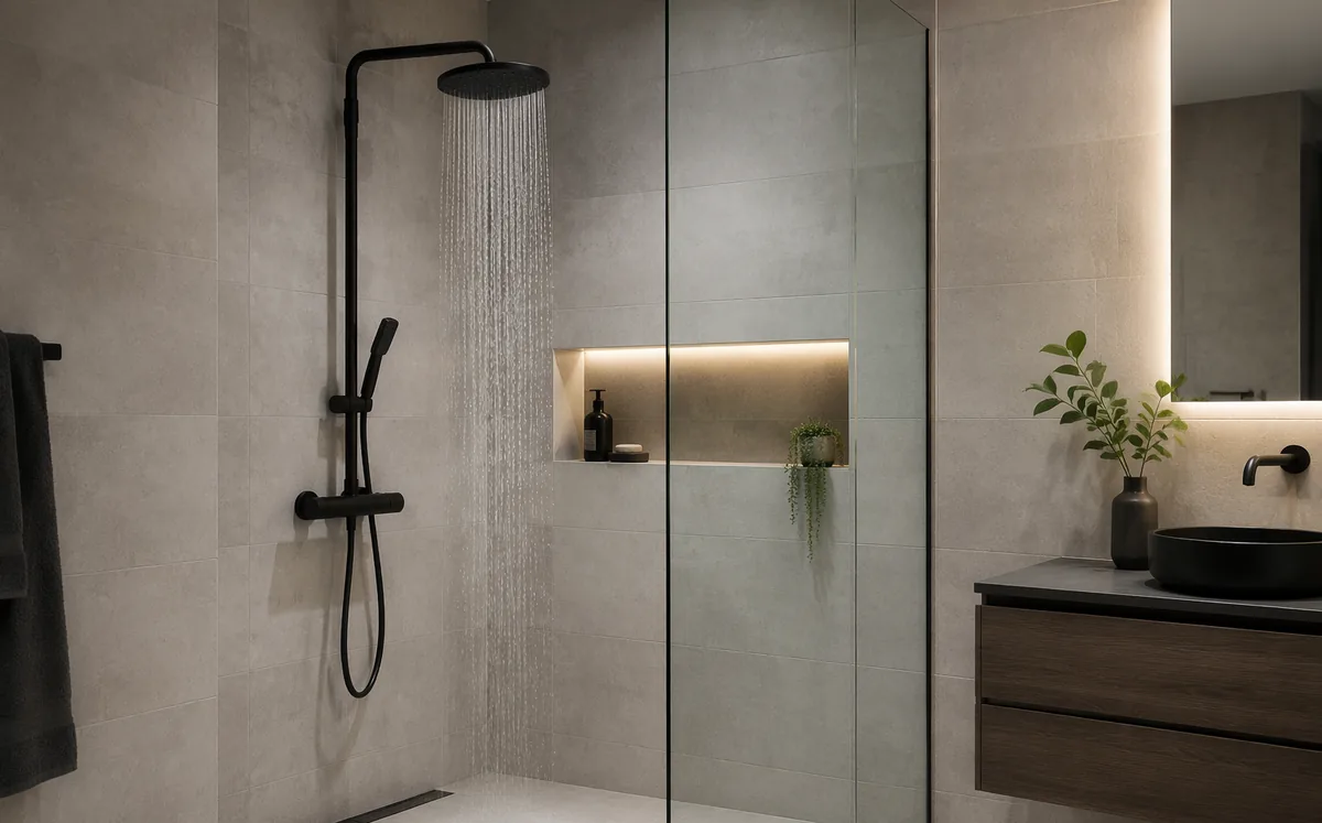 Regal Thermostatic Exposed Shower Set — detail and installation views