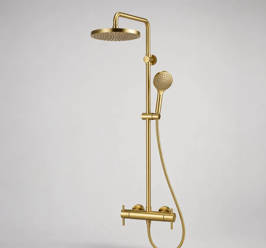 Regal brushed gold exposed thermostatic shower set with round rain head