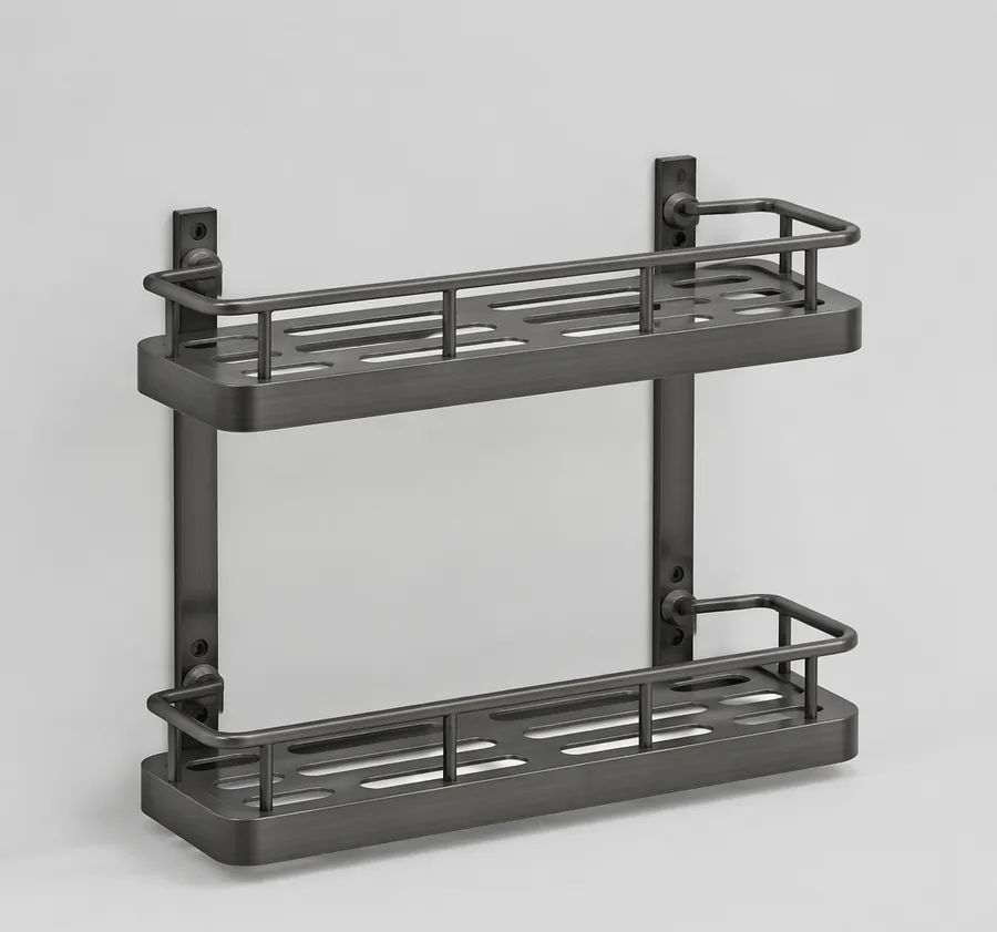SpaceAl gunmetal two-tier shower shelf in anodized aluminum, studio product photo