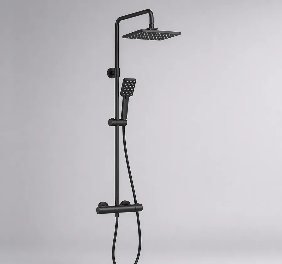 Matte black exposed rain shower system with hand shower