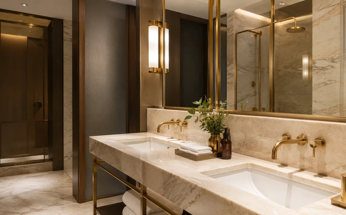 Elegant hotel bathroom with brushed gold faucets on a marble double vanity