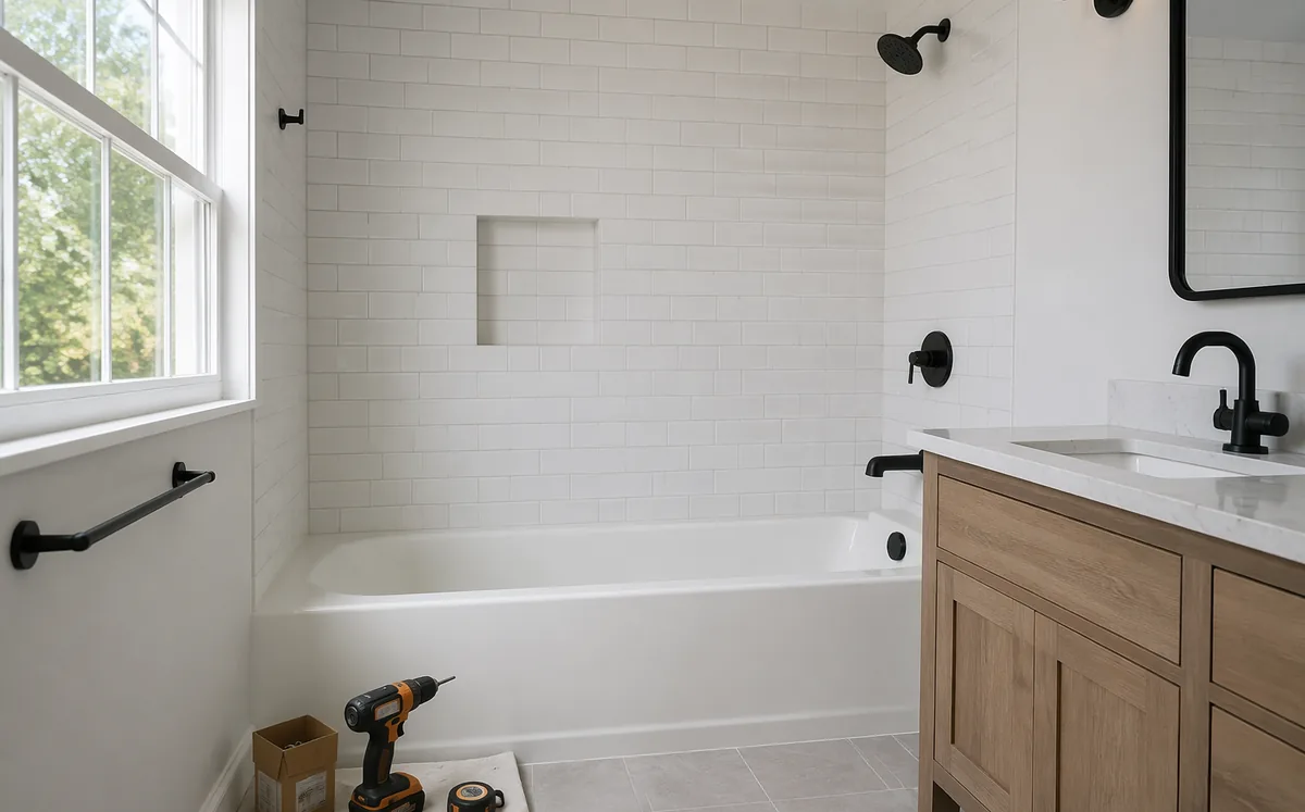 Bathroom renovation with newly installed matte black fixtures and tools