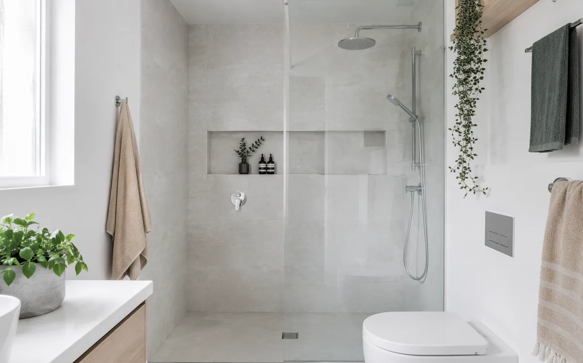 Modern residential bathroom with chrome rain shower and light wood vanity